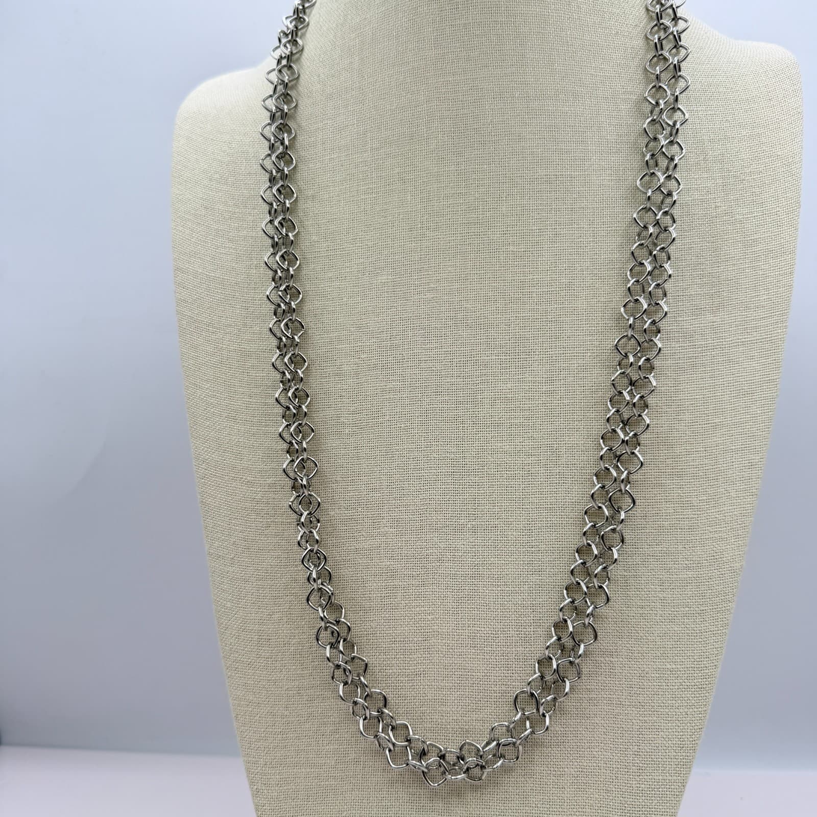 Vintage 90s Silver Tone Double Layer Link Chain Necklace Retro Fashion Jewelry - Thumbnail 6