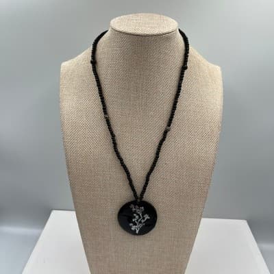 Vintage Black Seed Bead Large Round Pendant Floral Inlay Statement Necklace Boho - Thumbnail 3