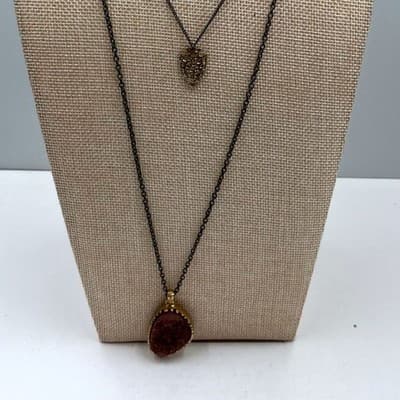 Vintage Layered Necklace Druzy Teardrop Pendant Arrowhead Charm Black Chain Boho - Image 1