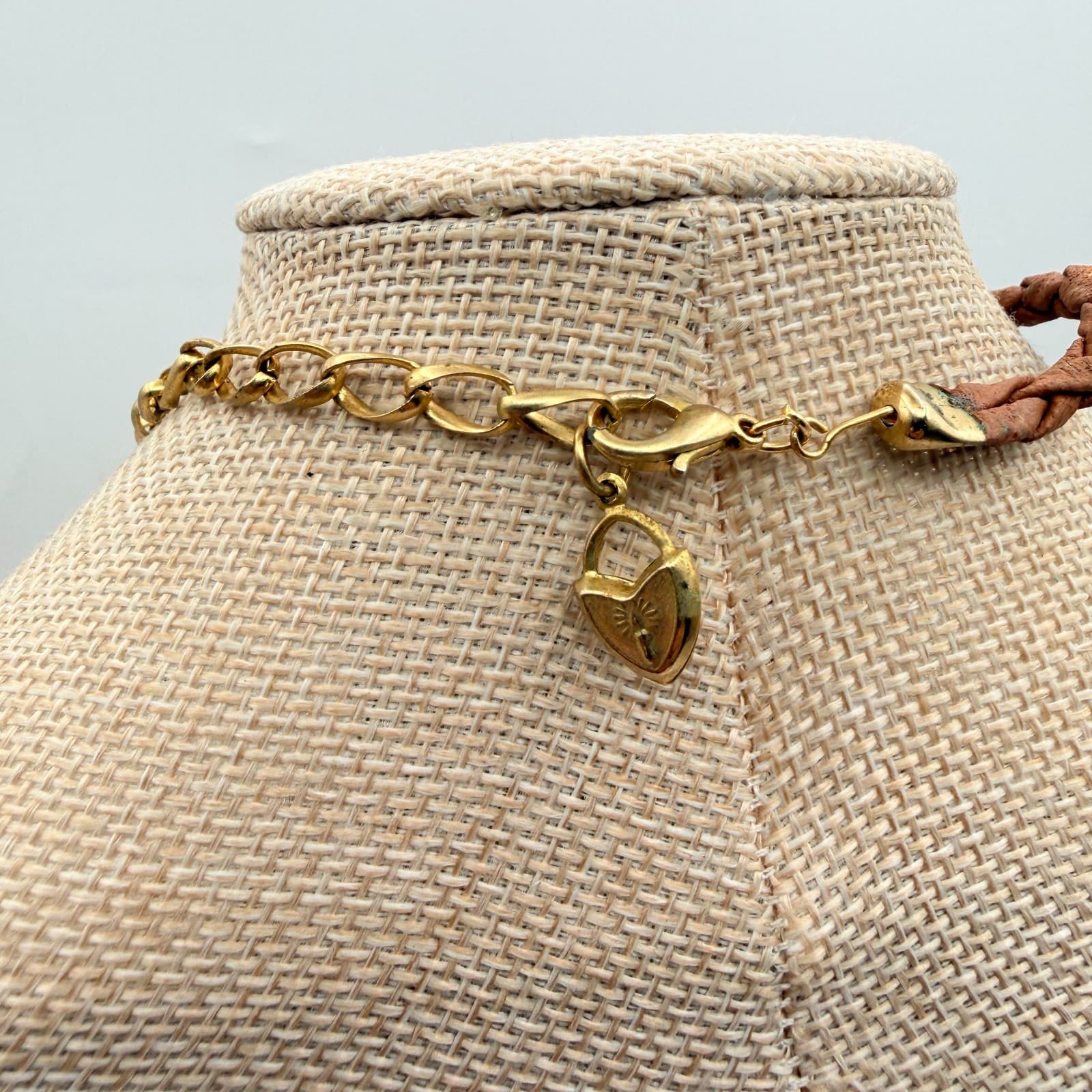 Vintage 80s Gold Tone Cross Pendant Braided Brown Leather Cord Necklace Jewelry - Thumbnail 5