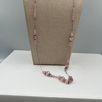 Vintage Pink Faceted Beads Necklace Long Station Chain Rhinestone Spacers Dainty - Thumbnail 5