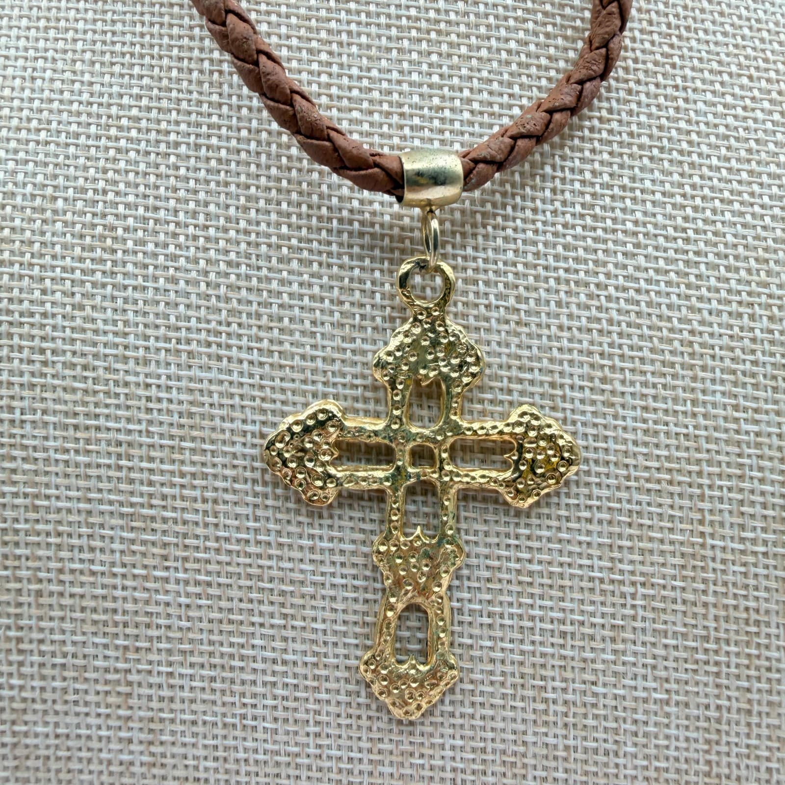 Vintage 80s Gold Tone Cross Pendant Braided Brown Leather Cord Necklace Jewelry - Image 1