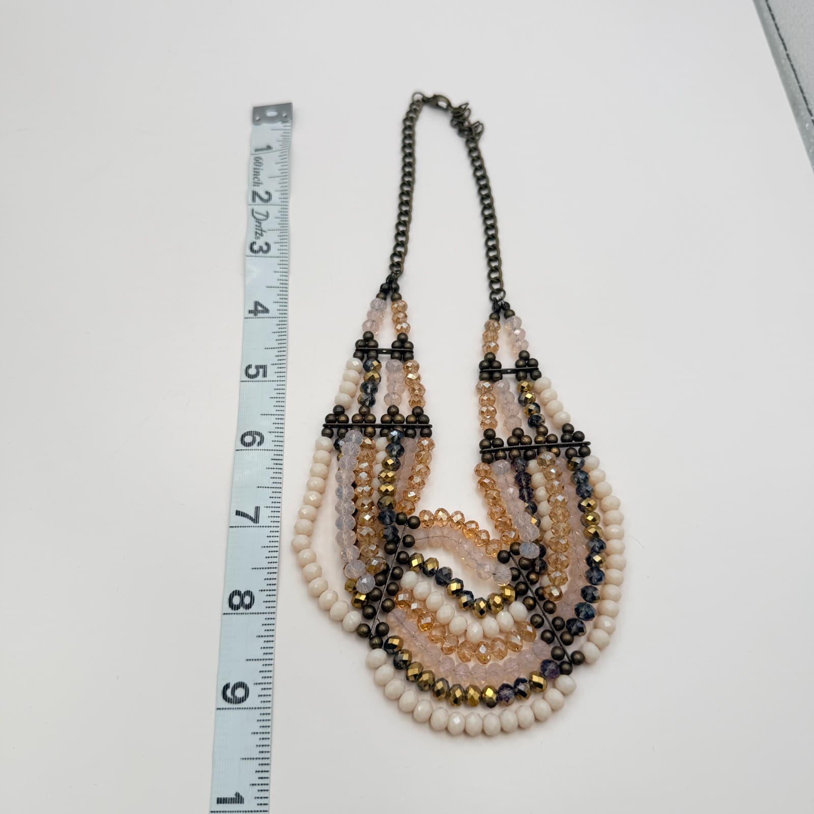 Vintage 90s Bib Necklace Earrings Set Pink Champagne Glass Beads Women's Jewelry - Thumbnail 16