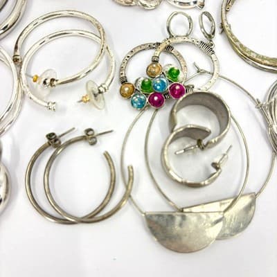 Mixed Lot Silver Tone Hoop Earrings Assorted Fashion Vintage Jewelry Wear Bundle - Thumbnail 2