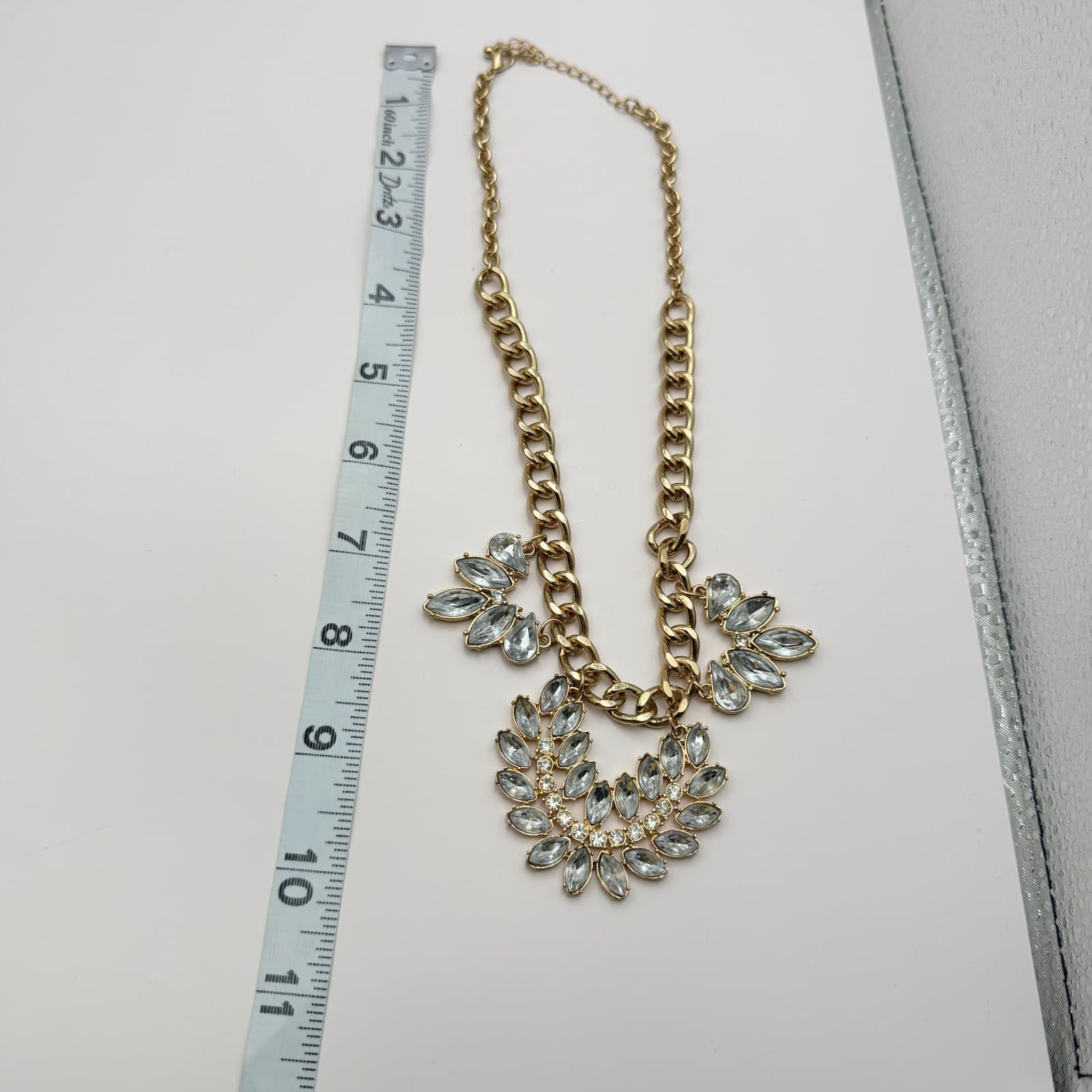 Vintage 90s Gold Tone Statement Necklace Clear Glass Marquise Bib Boho Jewelry - Thumbnail 8