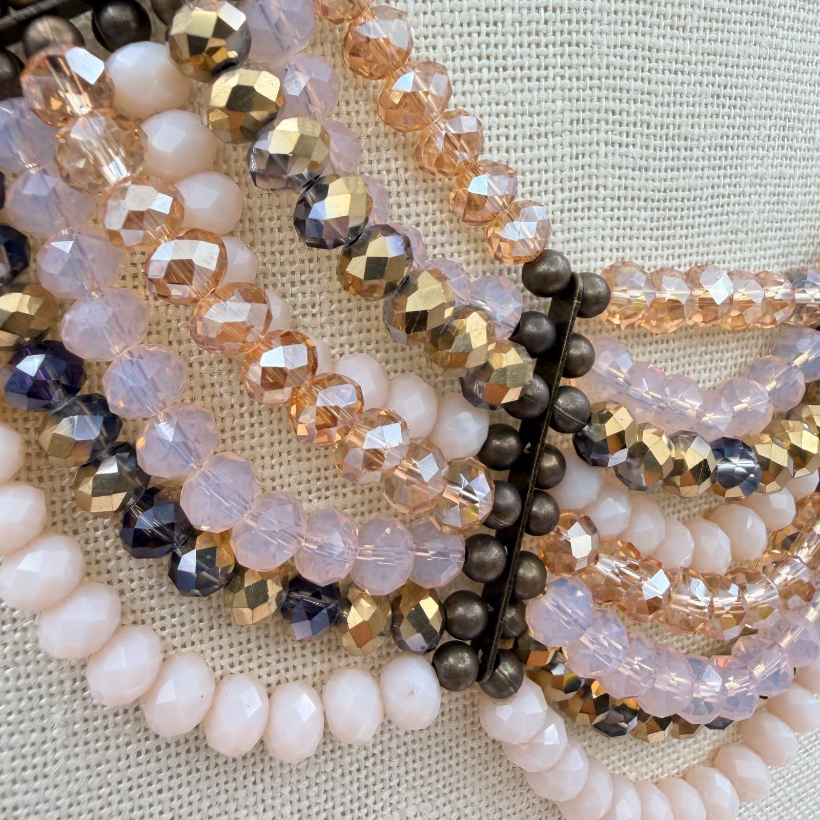 Vintage 90s Bib Necklace Earrings Set Pink Champagne Glass Beads Women's Jewelry - Thumbnail 4