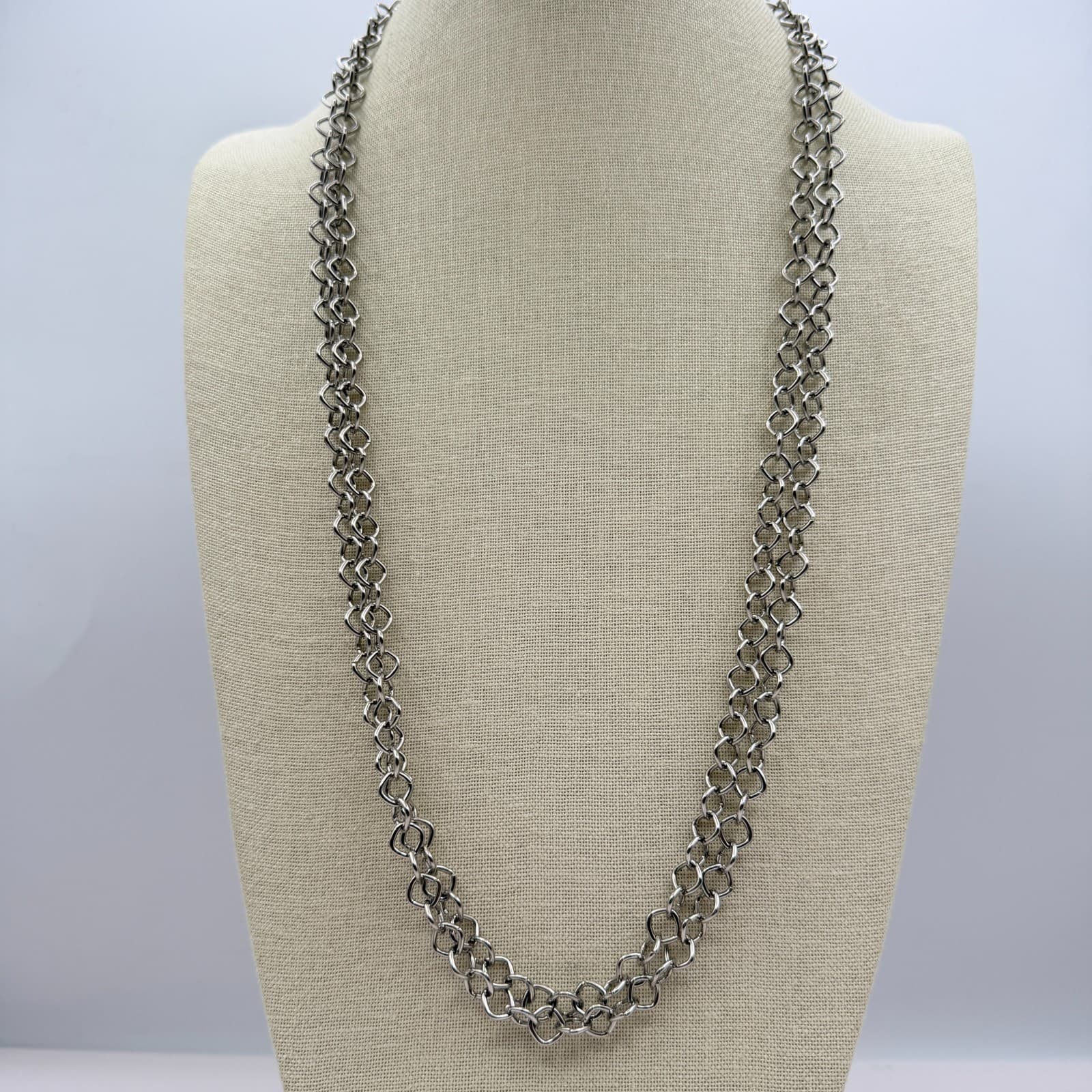 Vintage 90s Silver Tone Double Layer Link Chain Necklace Retro Fashion Jewelry - Thumbnail 2