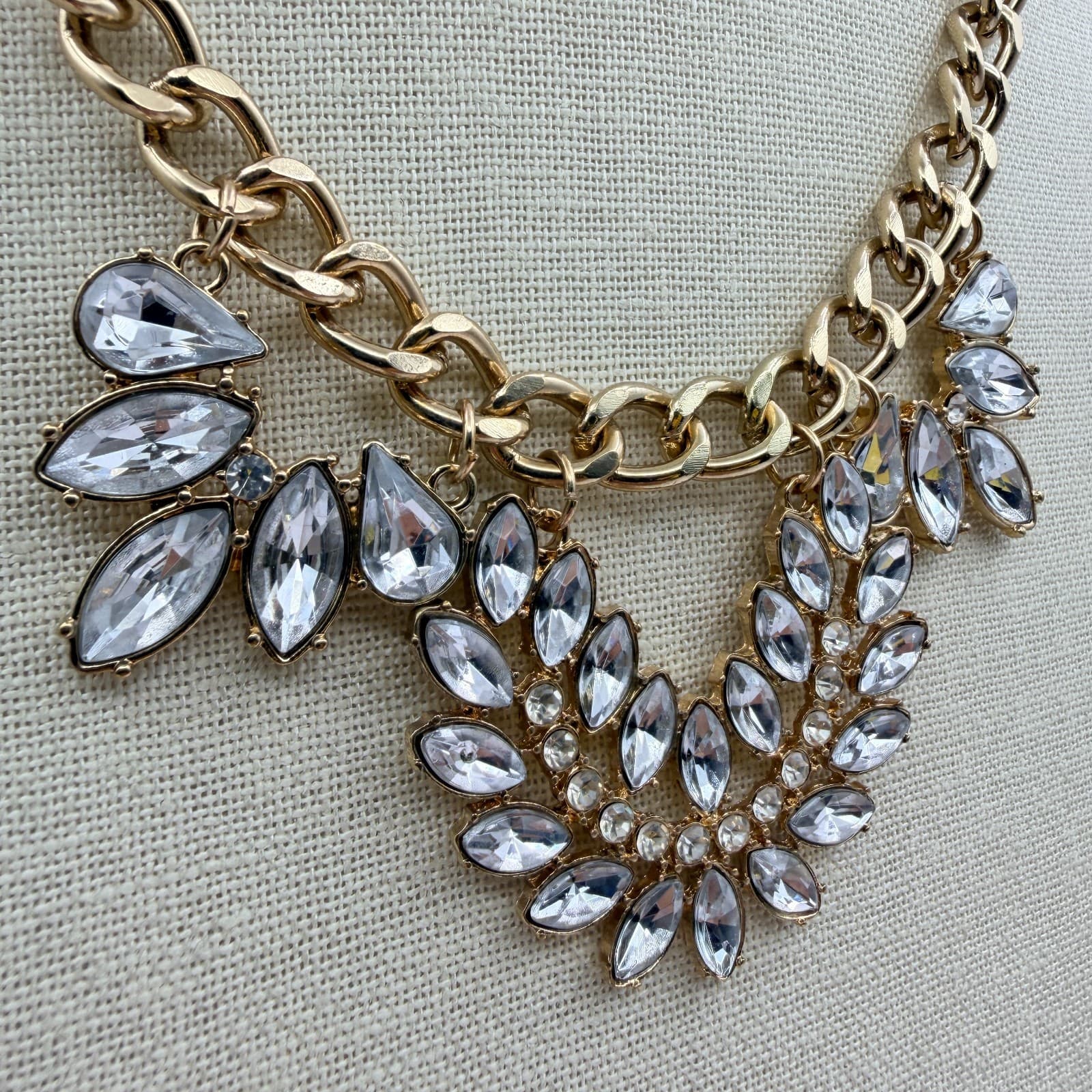 Vintage 90s Gold Tone Statement Necklace Clear Glass Marquise Bib Boho Jewelry - Thumbnail 5