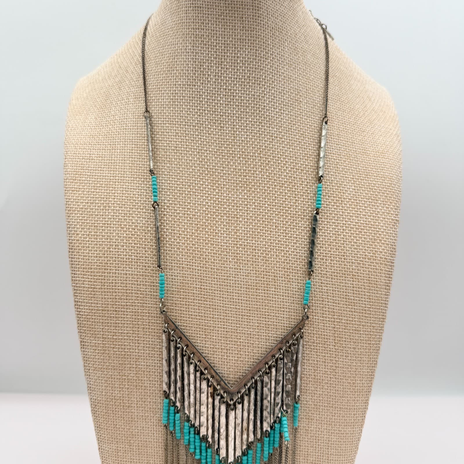Vintage 90s Silver Tone Statement Fringe Necklace Blue Glass Beads V-Shape Boho - Thumbnail 3