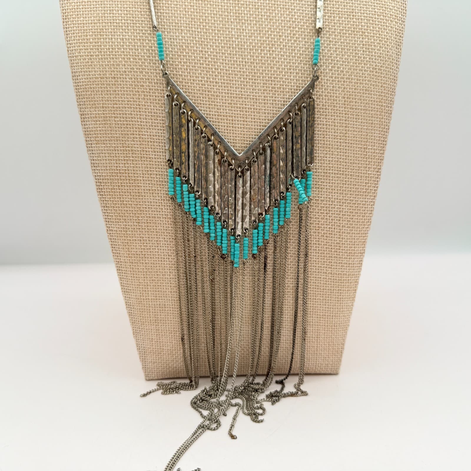 Vintage 90s Silver Tone Statement Fringe Necklace Blue Glass Beads V-Shape Boho - Thumbnail 5
