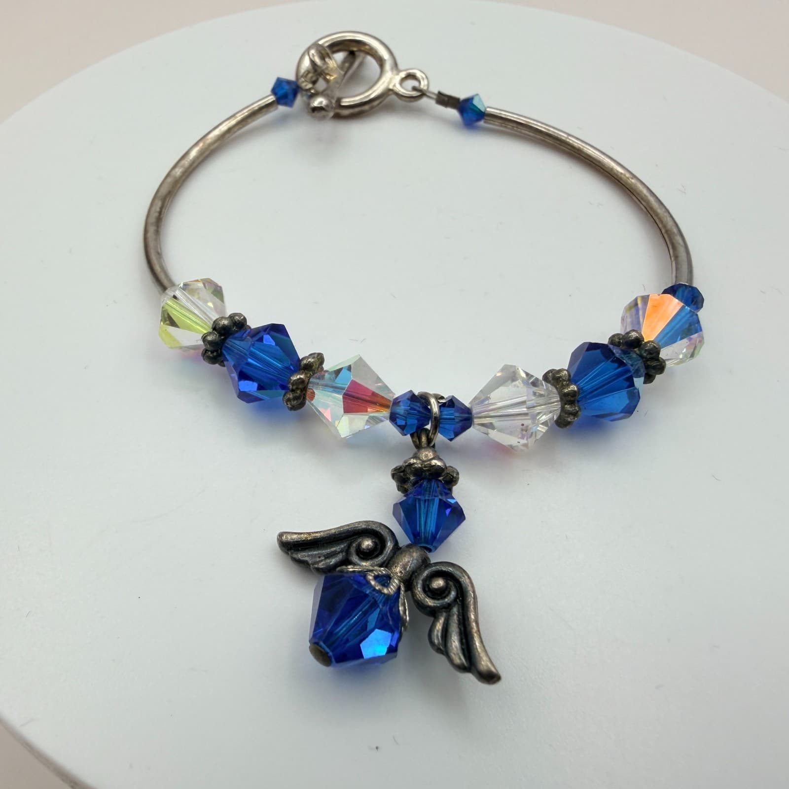 Vintage 80s Silver Tone Beaded Bracelet Sapphire Blue Charm Jewelry - Thumbnail 3