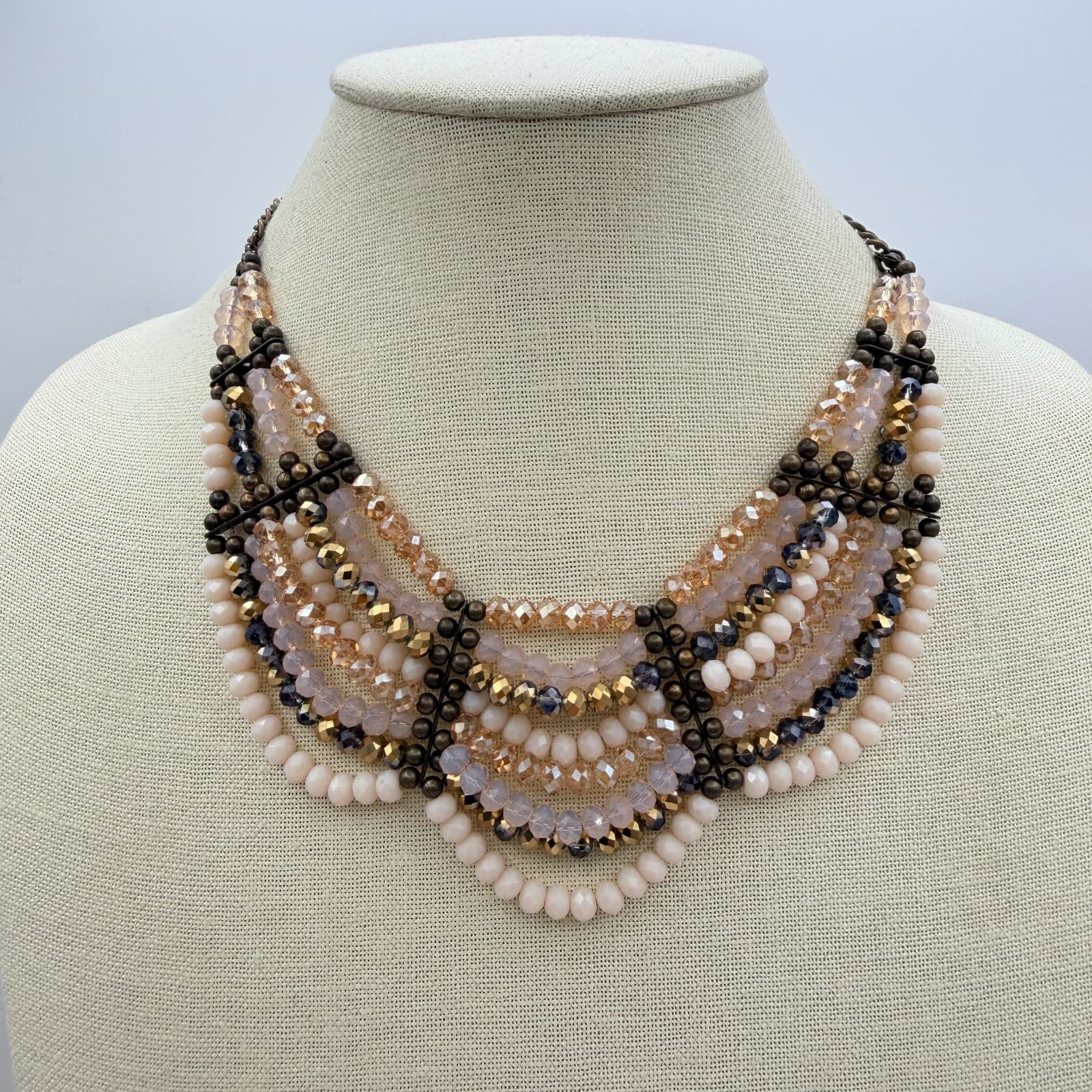 Vintage 90s Bib Necklace Earrings Set Pink Champagne Glass Beads Women's Jewelry - Image 1