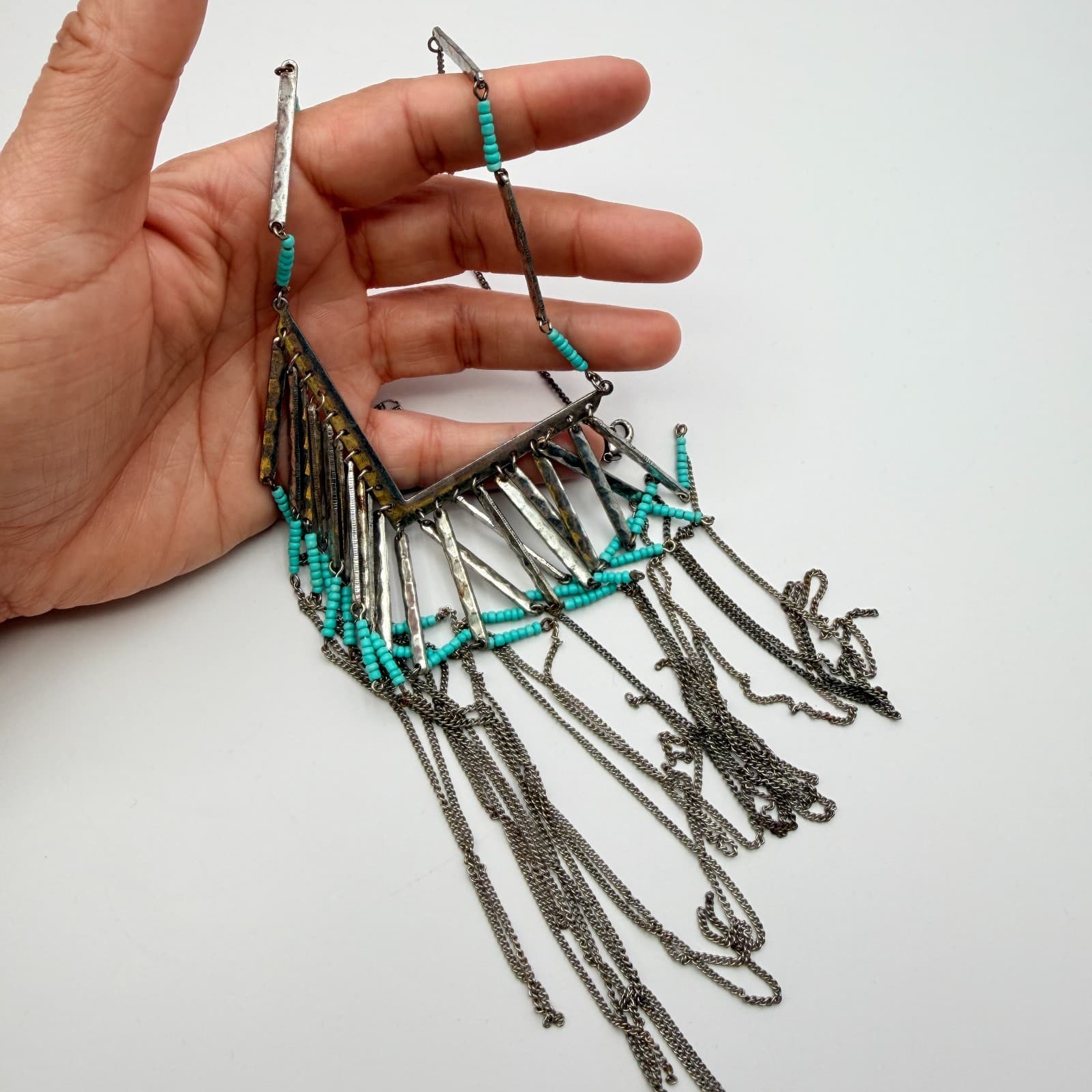 Vintage 90s Silver Tone Statement Fringe Necklace Blue Glass Beads V-Shape Boho - Thumbnail 7