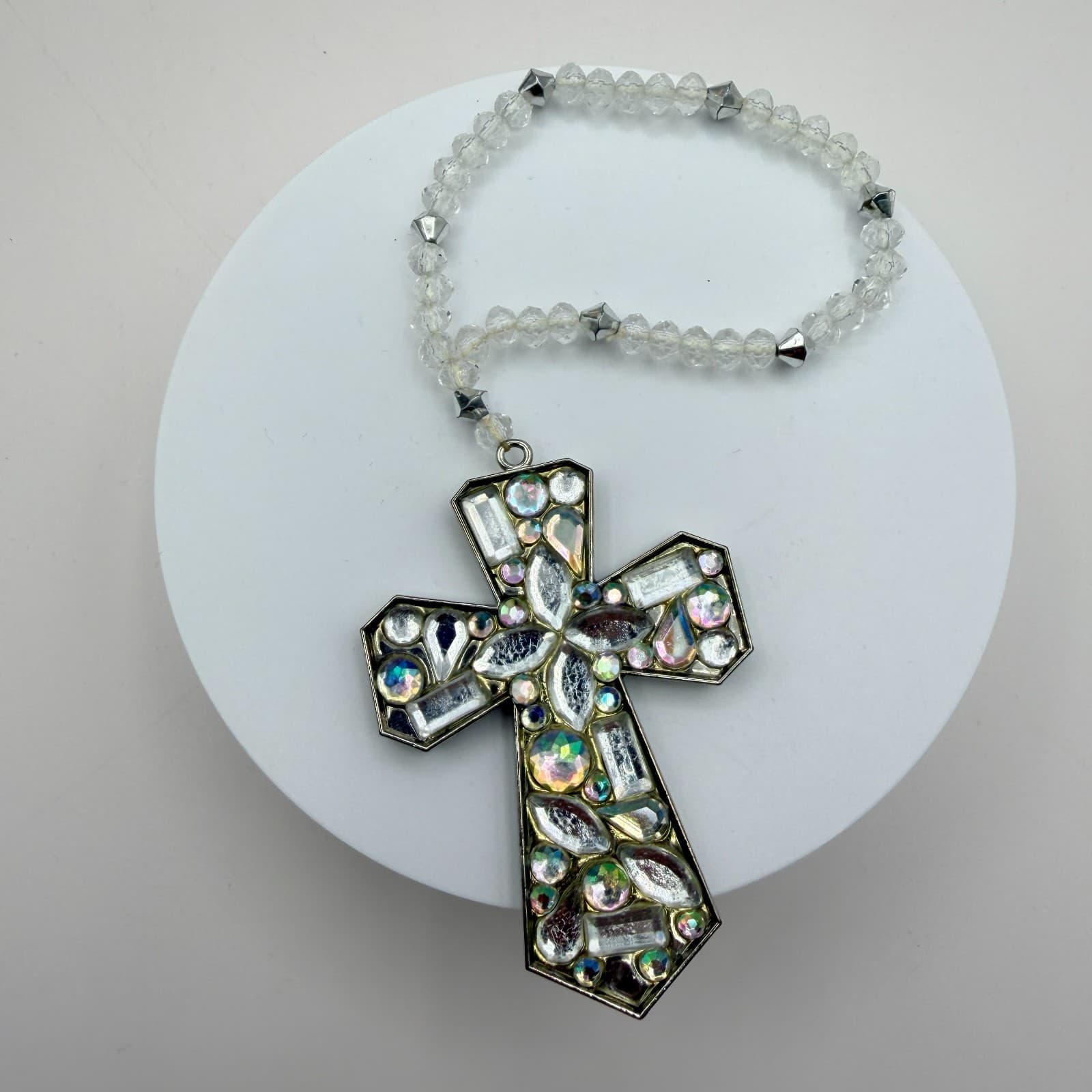 Vintage 80s Silver Tone Rhinestone Cross Charm bracelet Clear Beaded Jewelry - Thumbnail 2