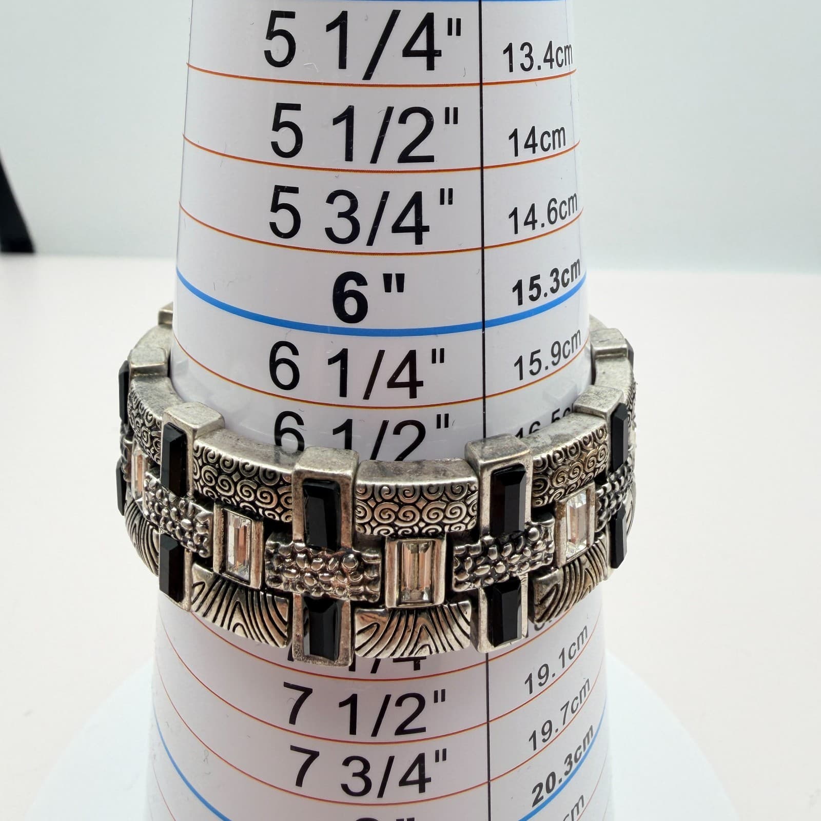 Vintage 90s Silver Tone Black Glass Textured Stretch Bracelet Women's Jewelry - Thumbnail 8