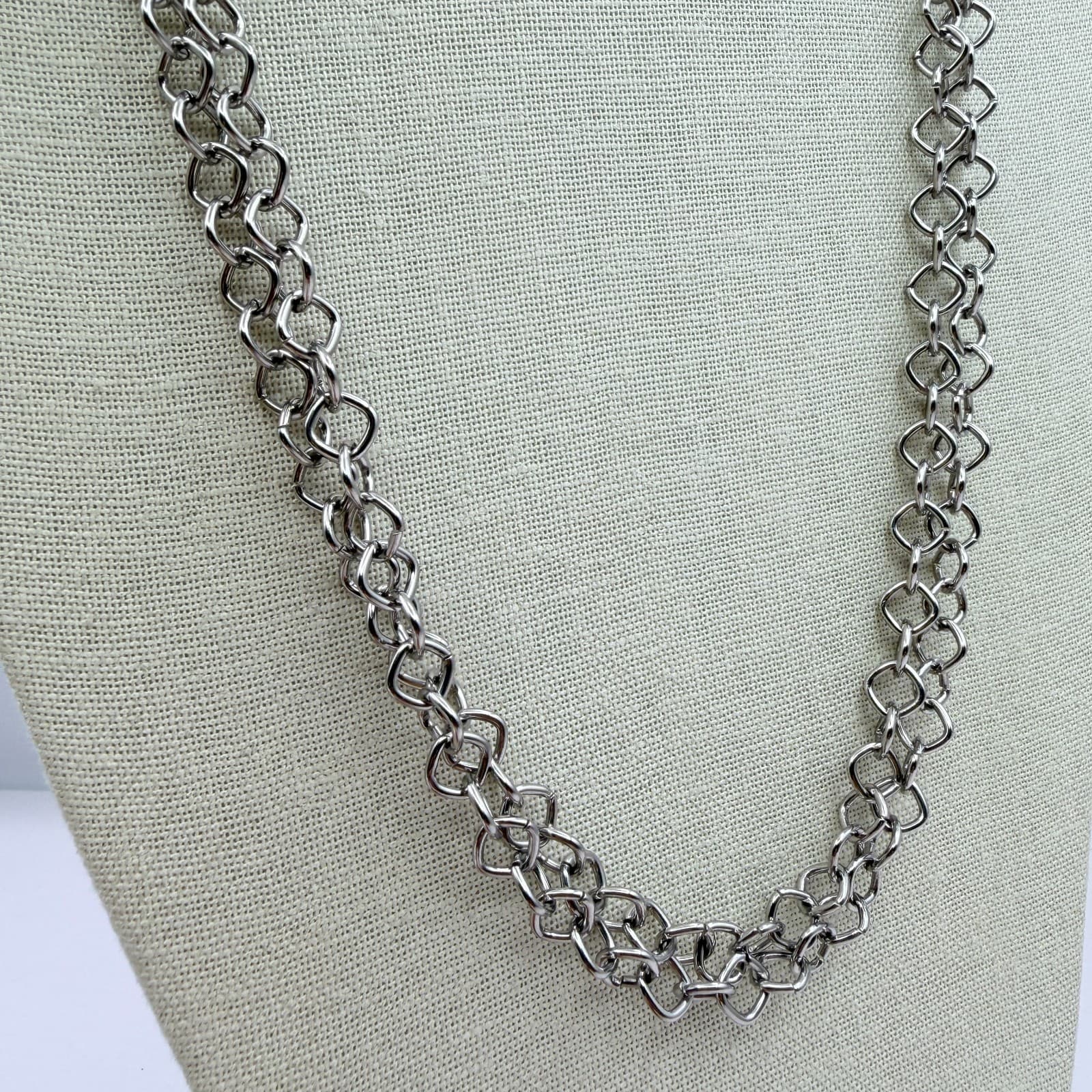 Vintage 90s Silver Tone Double Layer Link Chain Necklace Retro Fashion Jewelry - Thumbnail 5