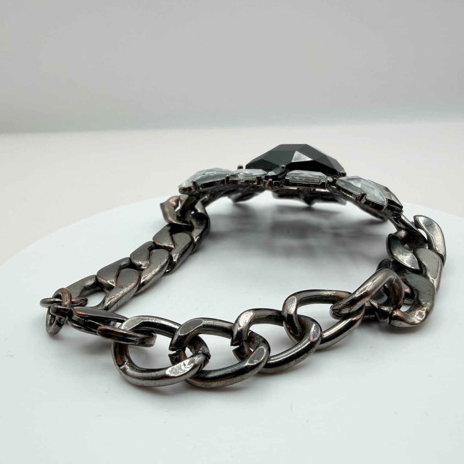 Vintage 90s Statement Bracelet Gunmetal Curb Chain Black Clear Glass Jewelry - Thumbnail 7