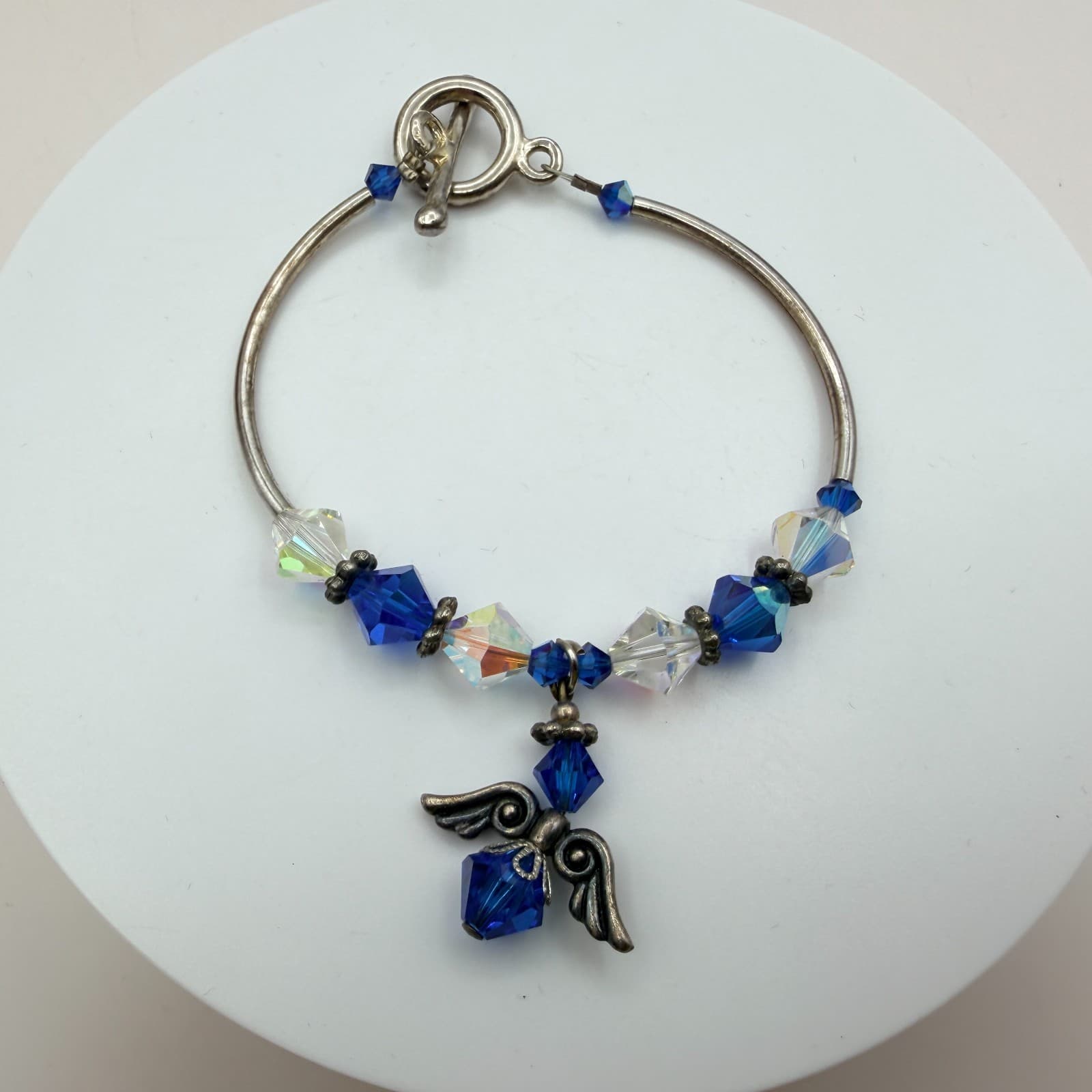 Vintage 80s Silver Tone Beaded Bracelet Sapphire Blue Charm Jewelry - Thumbnail 2