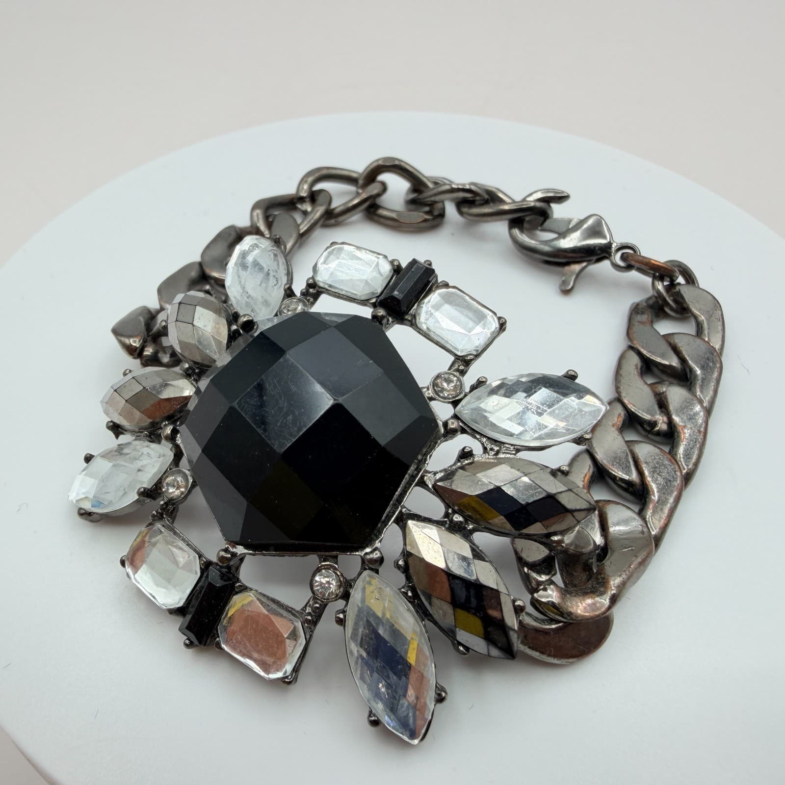 Vintage 90s Statement Bracelet Gunmetal Curb Chain Black Clear Glass Jewelry - Thumbnail 4