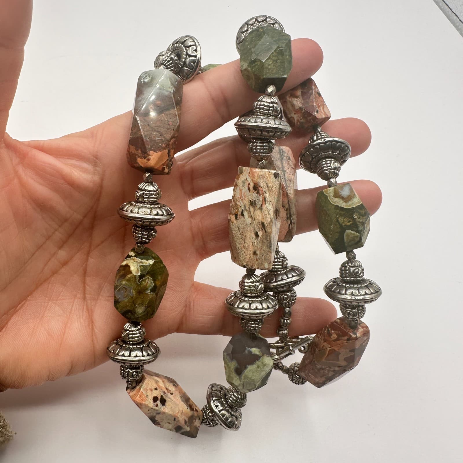 Vintage 80s Leopard Skin Jasper Beaded Statement Necklace Silver Tone Jewelry - Thumbnail 8