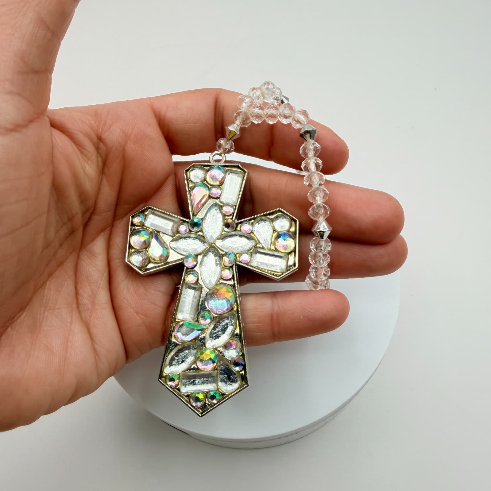 Vintage 80s Silver Tone Rhinestone Cross Charm bracelet Clear Beaded Jewelry - Thumbnail 8