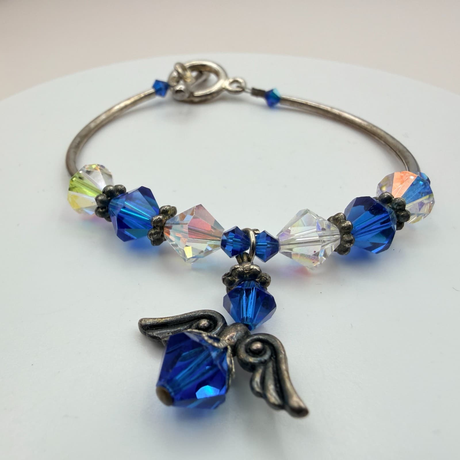Vintage 80s Silver Tone Beaded Bracelet Sapphire Blue Charm Jewelry - Thumbnail 4
