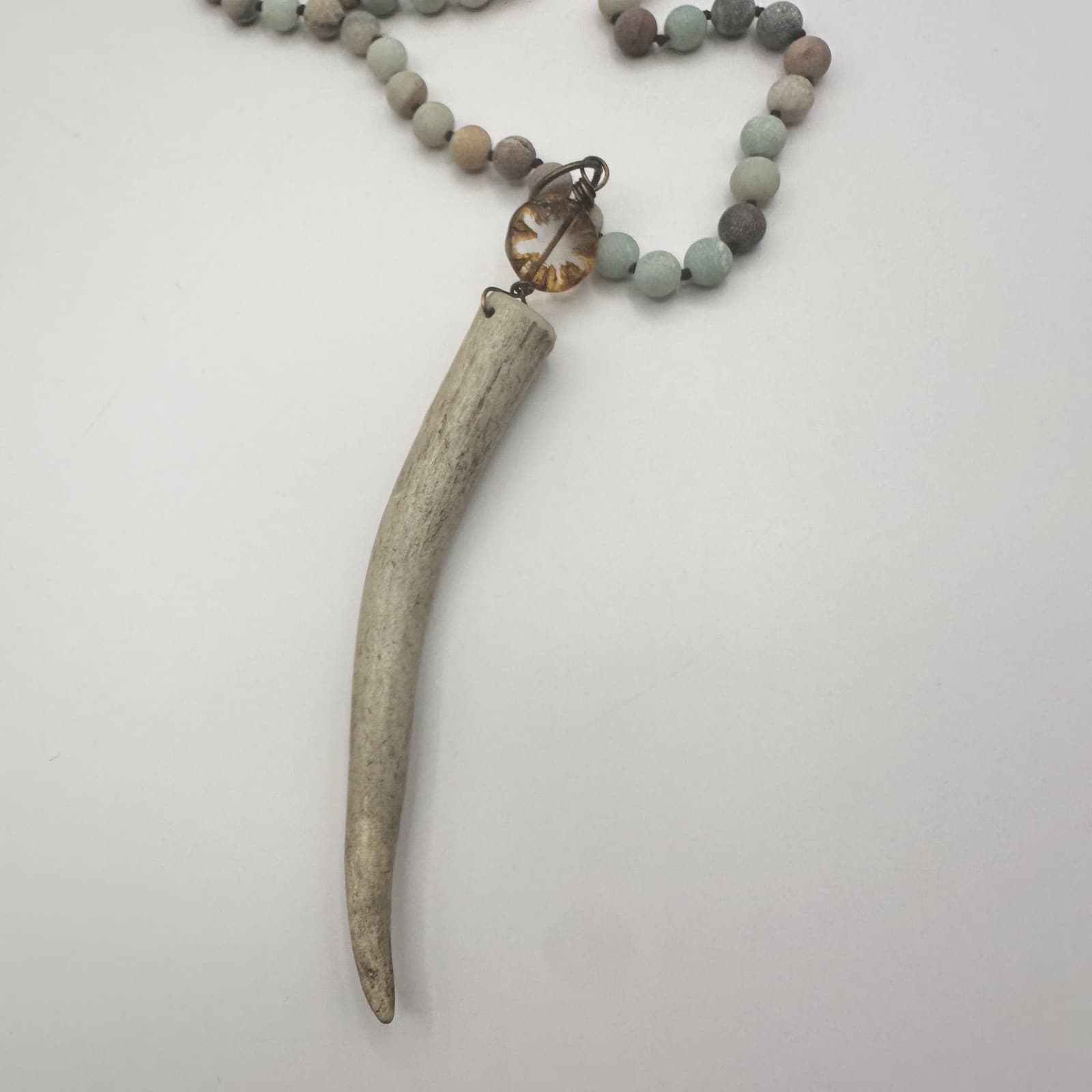 Vintage 80s Deer Antler Tine Knotted Necklace Amazonite Mala Pendant Jewelry - Thumbnail 6
