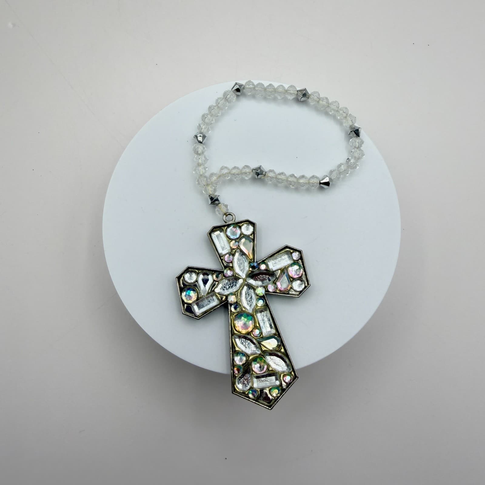 Vintage 80s Silver Tone Rhinestone Cross Charm bracelet Clear Beaded Jewelry - Image 1