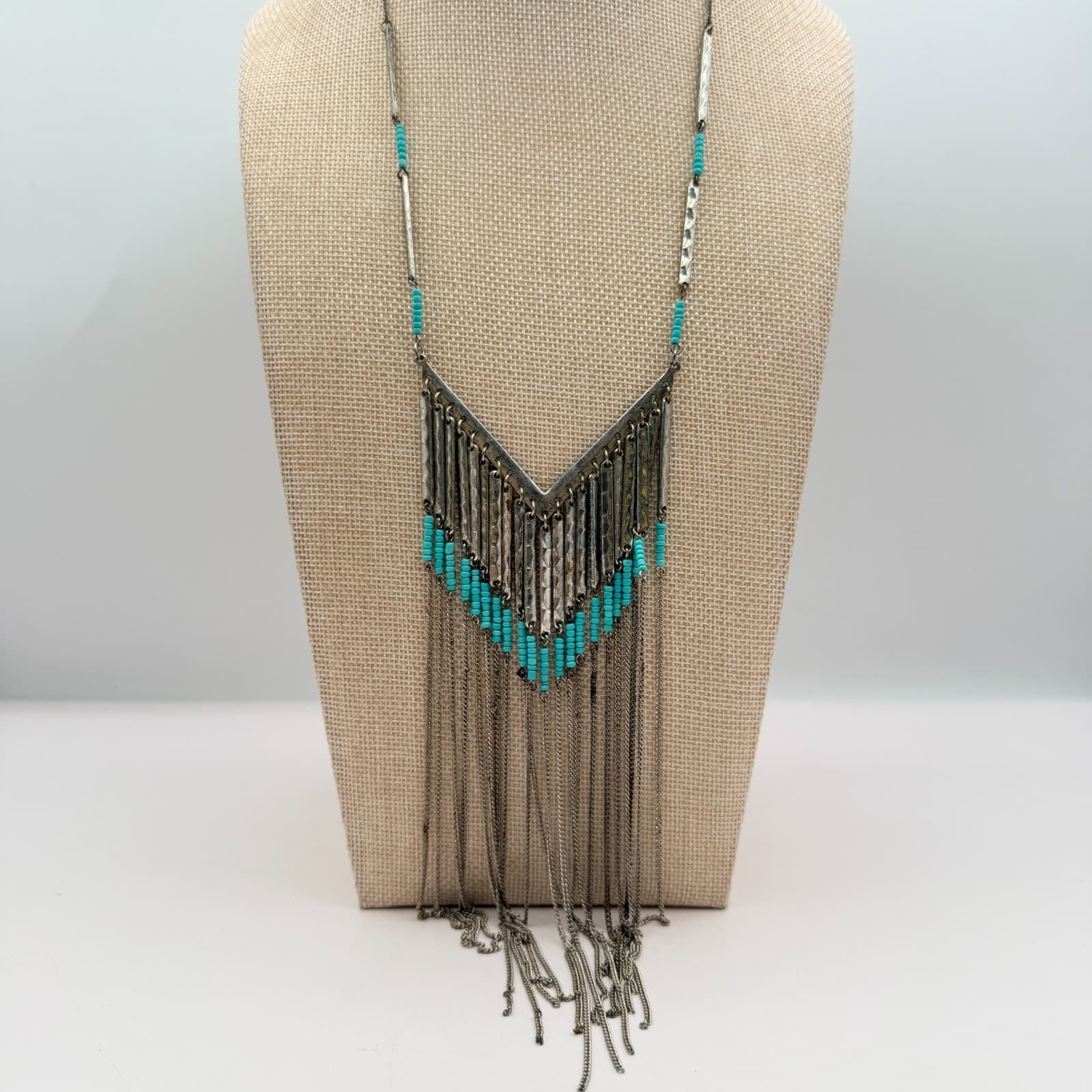 Vintage 90s Silver Tone Statement Fringe Necklace Blue Glass Beads V-Shape Boho - Thumbnail 2