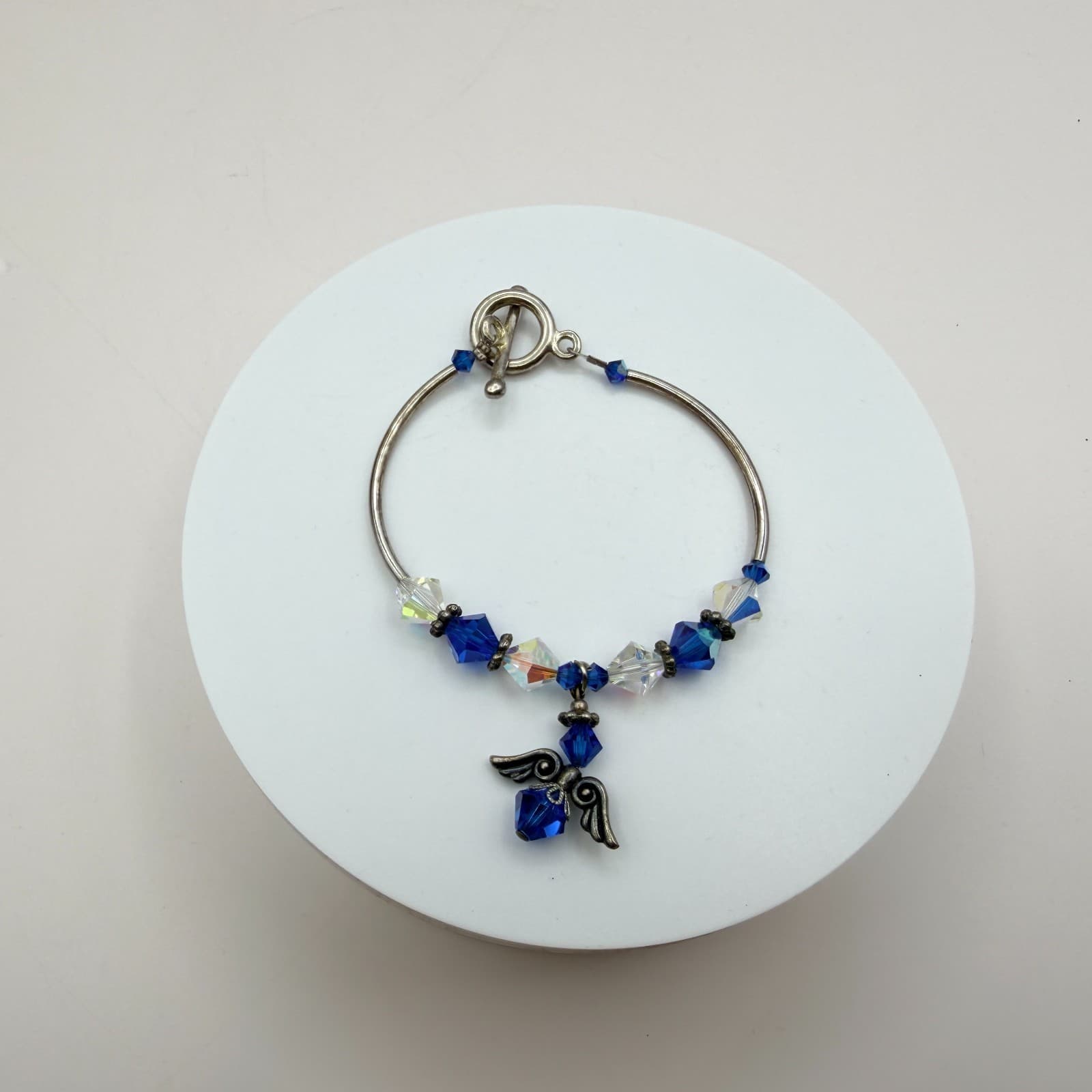Vintage 80s Silver Tone Beaded Bracelet Sapphire Blue Charm Jewelry - Image 1
