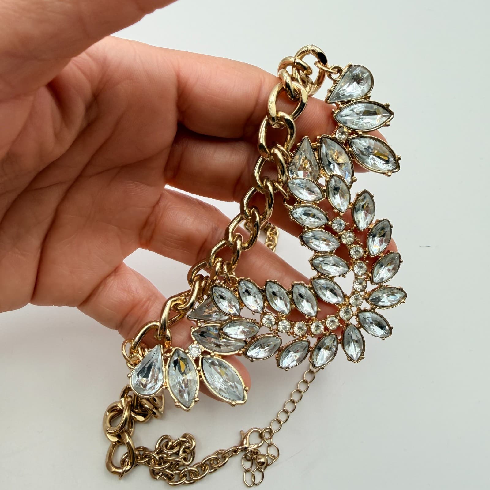 Vintage 90s Gold Tone Statement Necklace Clear Glass Marquise Bib Boho Jewelry - Thumbnail 7