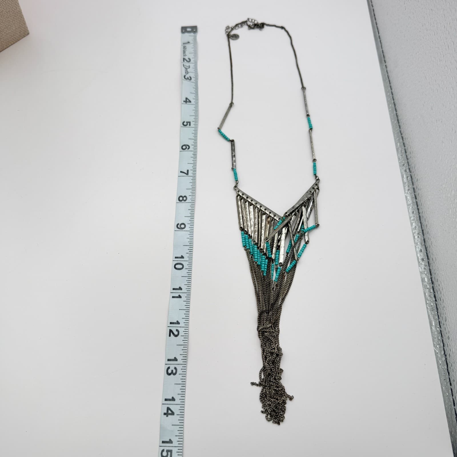 Vintage 90s Silver Tone Statement Fringe Necklace Blue Glass Beads V-Shape Boho - Thumbnail 8