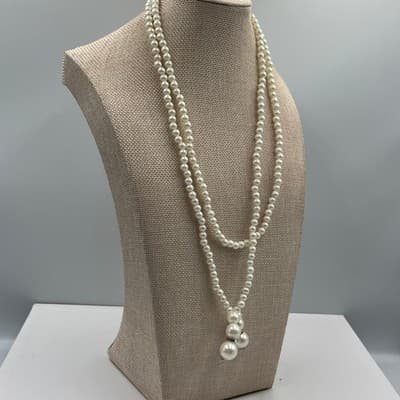 Vintage Long Faux Pearl Double Strand Lariat Necklace White Beaded Tassel Drop - Thumbnail 5