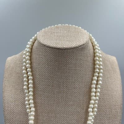 Vintage Long Faux Pearl Double Strand Lariat Necklace White Beaded Tassel Drop - Thumbnail 2