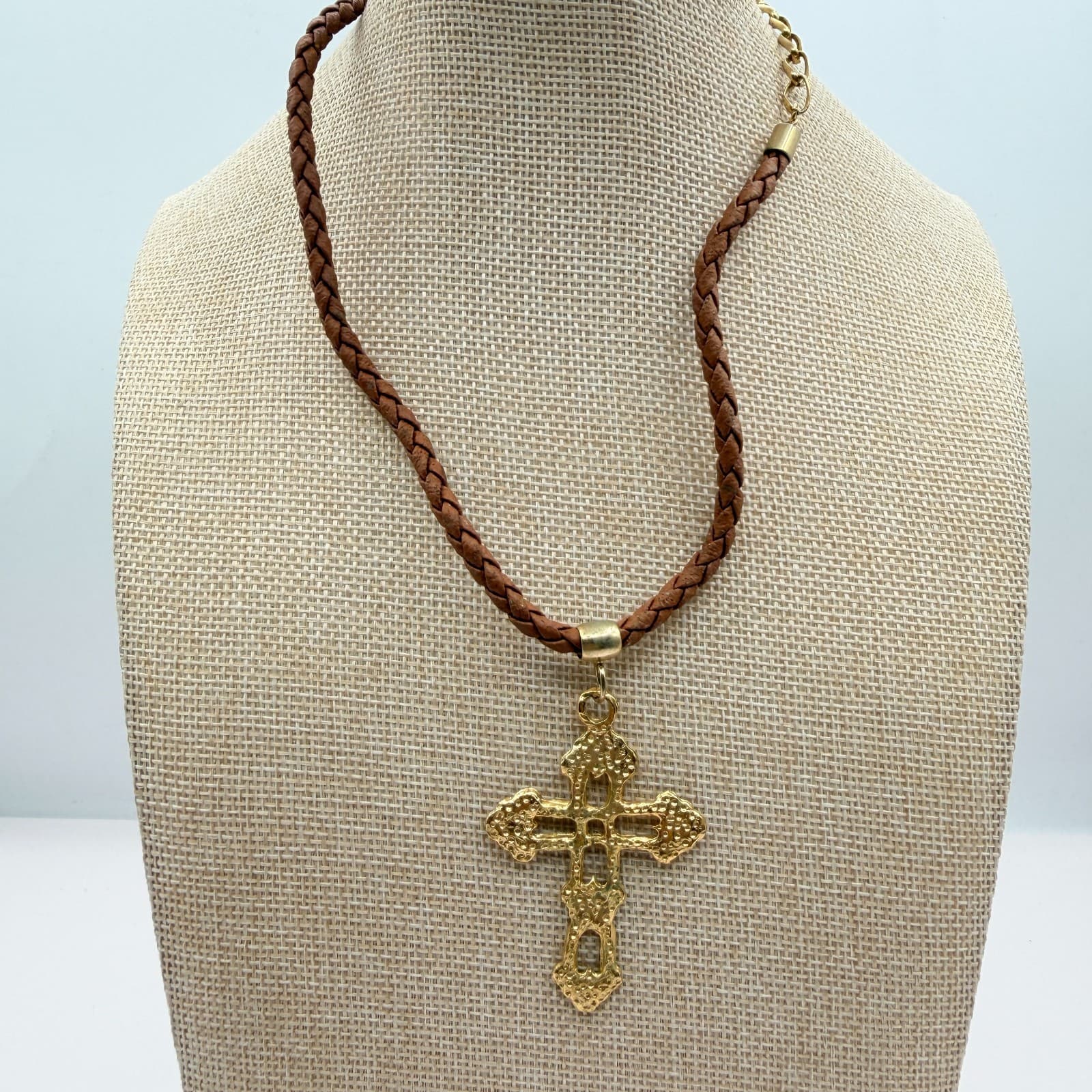Vintage 80s Gold Tone Cross Pendant Braided Brown Leather Cord Necklace Jewelry - Thumbnail 4
