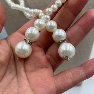 Vintage Long Faux Pearl Double Strand Lariat Necklace White Beaded Tassel Drop - Thumbnail 4