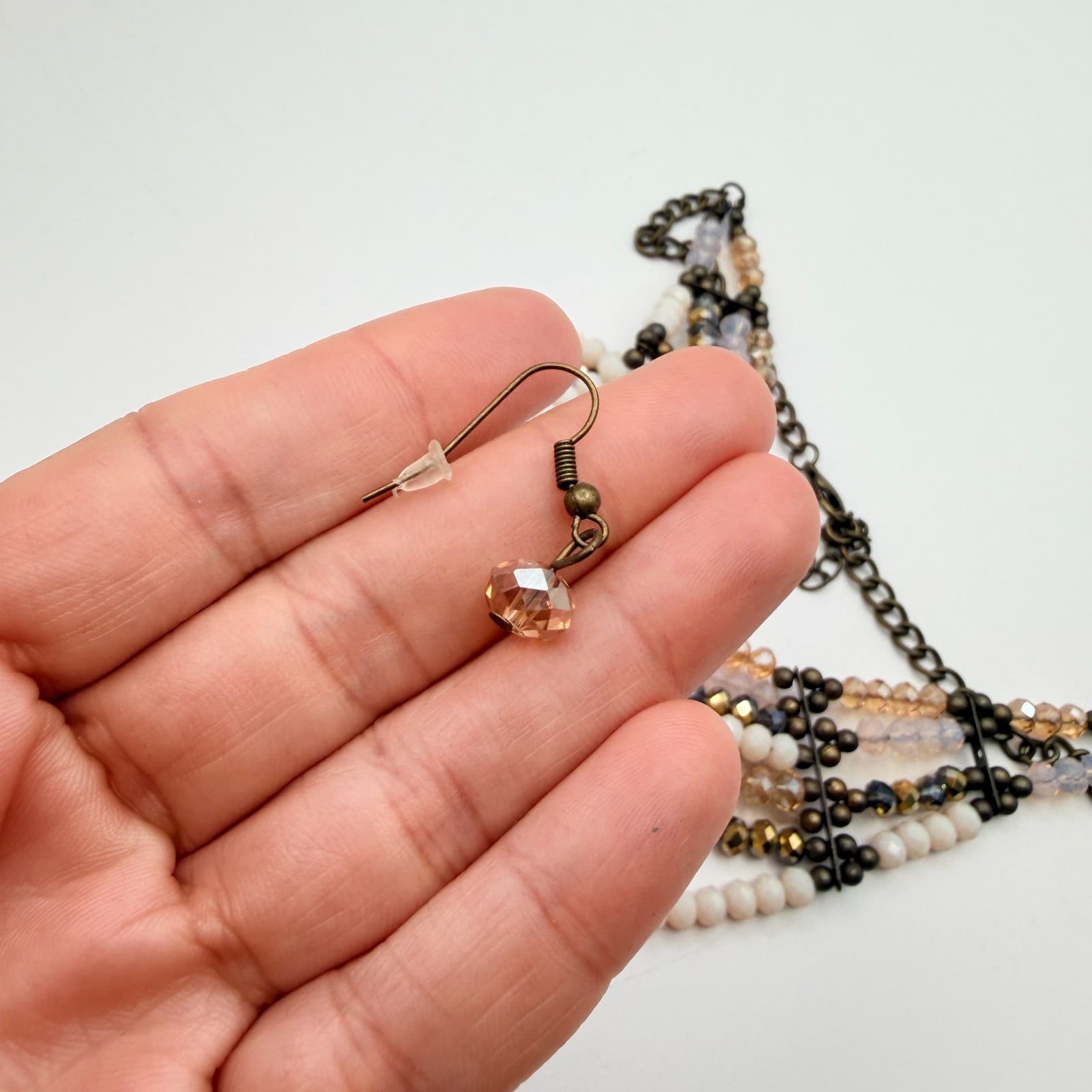 Vintage 90s Bib Necklace Earrings Set Pink Champagne Glass Beads Women's Jewelry - Thumbnail 14