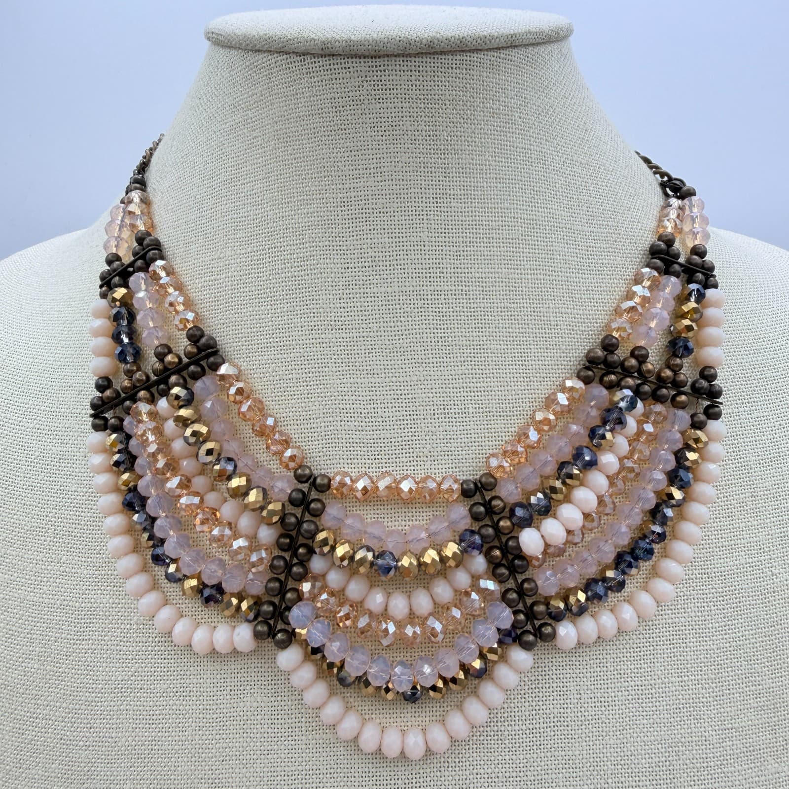 Vintage 90s Bib Necklace Earrings Set Pink Champagne Glass Beads Women's Jewelry - Thumbnail 5
