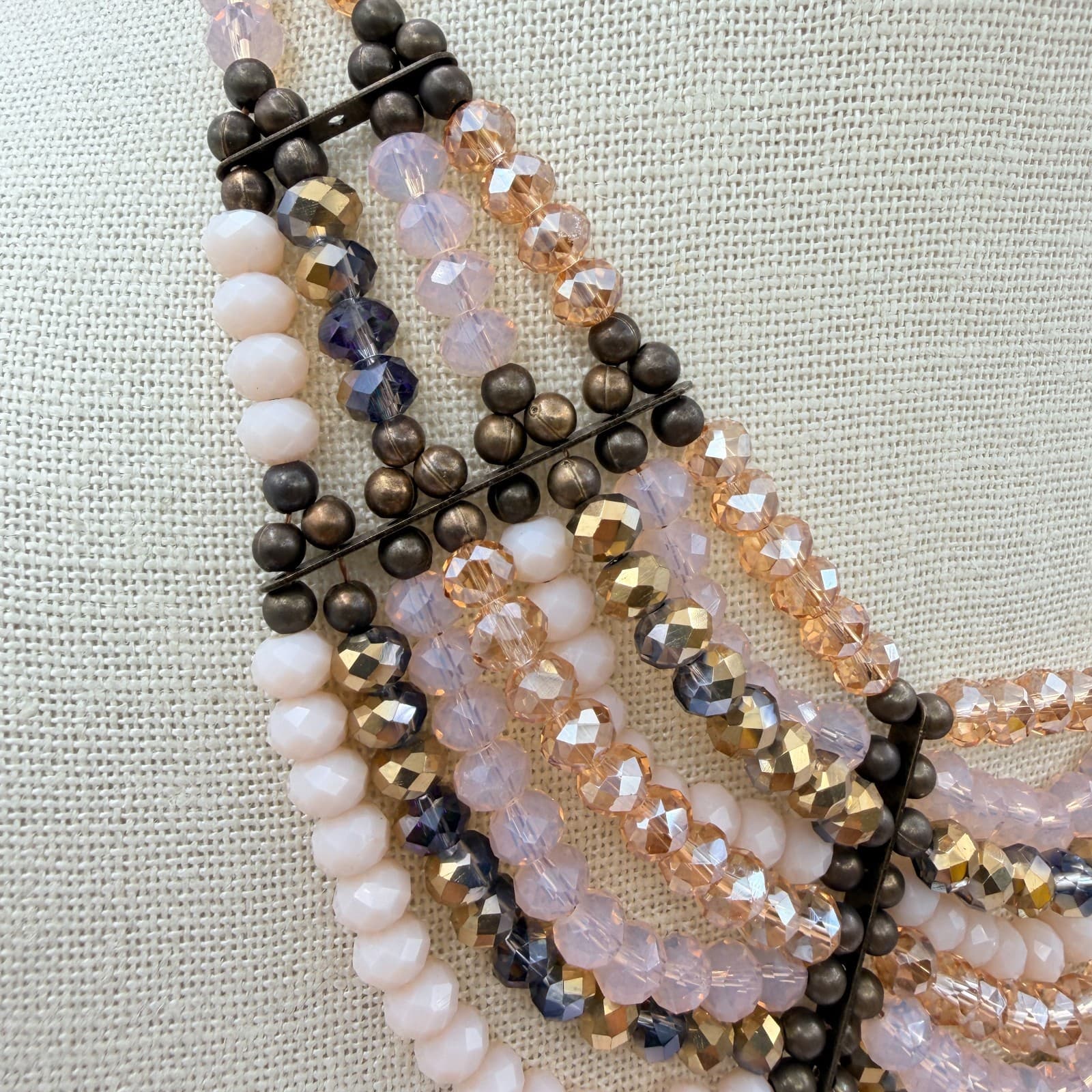 Vintage 90s Bib Necklace Earrings Set Pink Champagne Glass Beads Women's Jewelry - Thumbnail 3