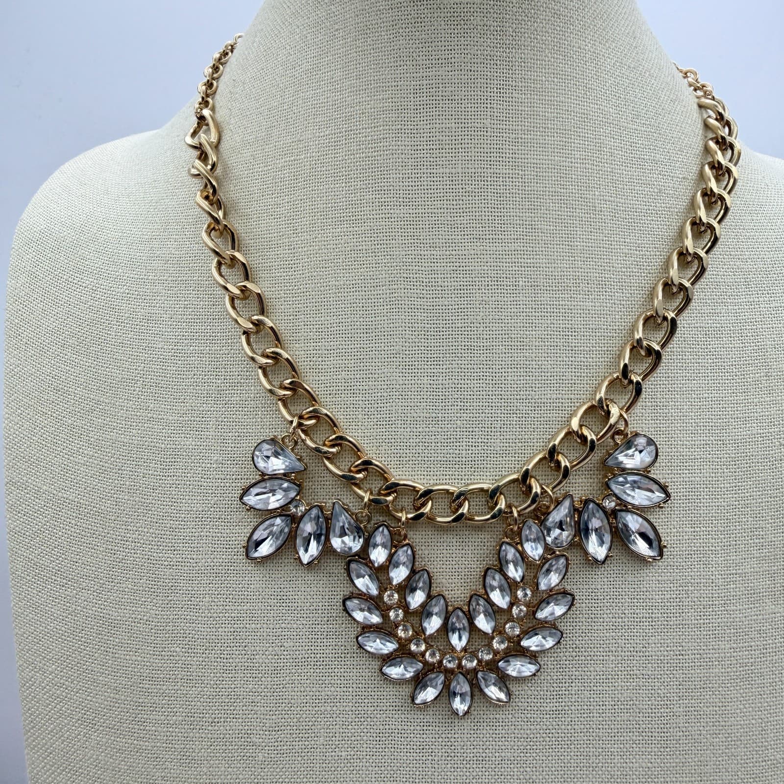 Vintage 90s Gold Tone Statement Necklace Clear Glass Marquise Bib Boho Jewelry - Thumbnail 2