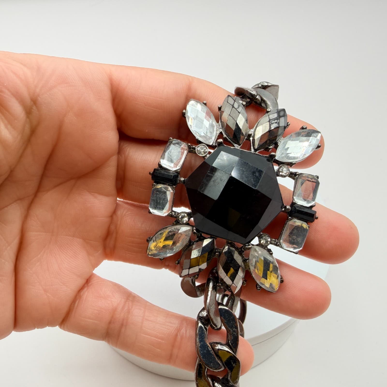 Vintage 90s Statement Bracelet Gunmetal Curb Chain Black Clear Glass Jewelry - Thumbnail 6