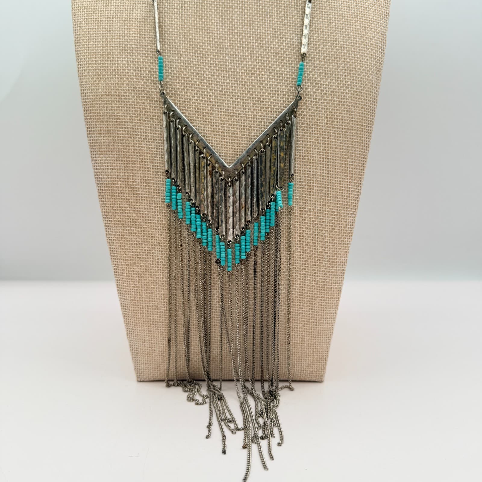 Vintage 90s Silver Tone Statement Fringe Necklace Blue Glass Beads V-Shape Boho - Image 1