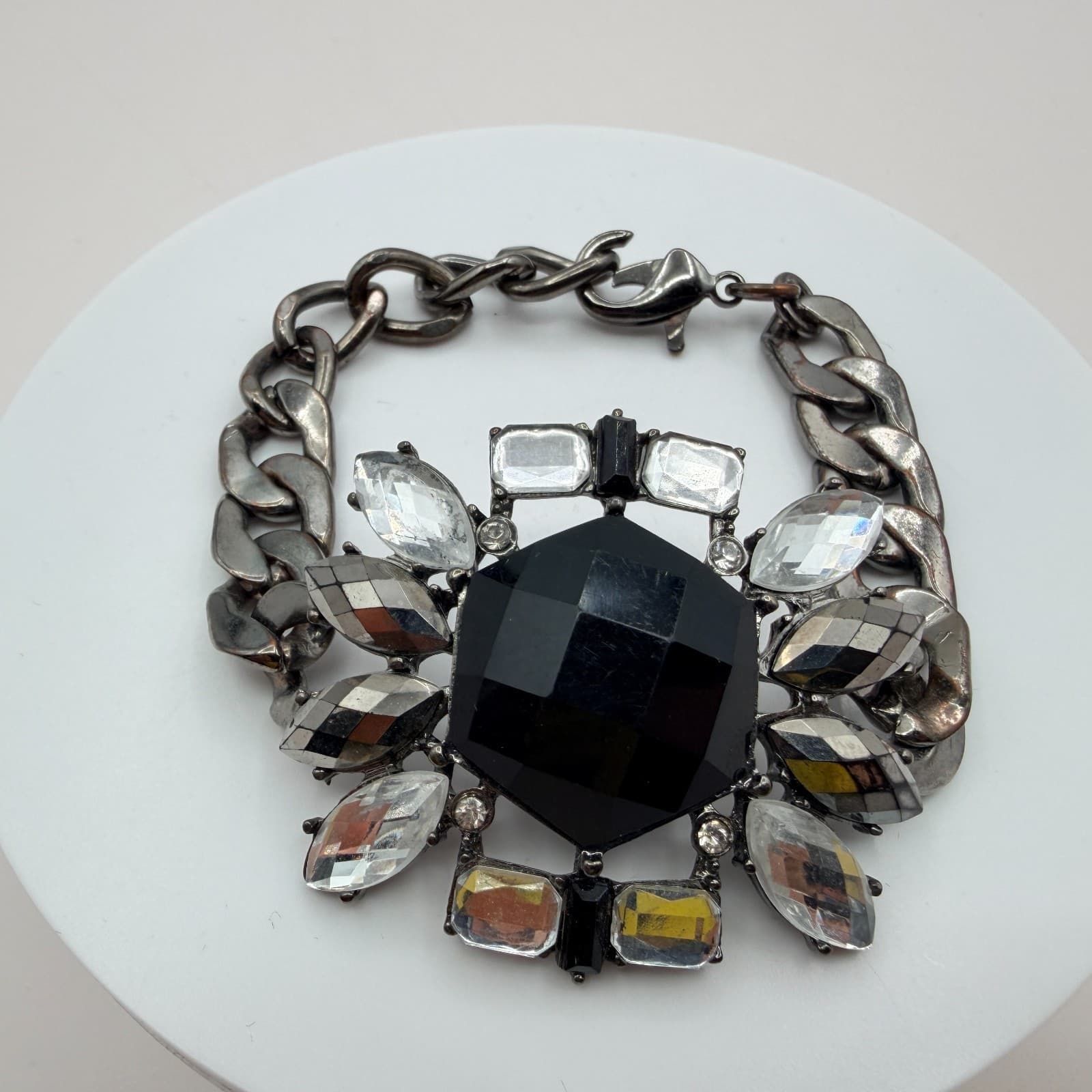 Vintage 90s Statement Bracelet Gunmetal Curb Chain Black Clear Glass Jewelry - Thumbnail 2