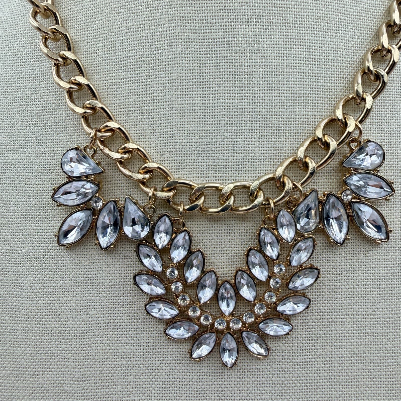 Vintage 90s Gold Tone Statement Necklace Clear Glass Marquise Bib Boho Jewelry - Thumbnail 3
