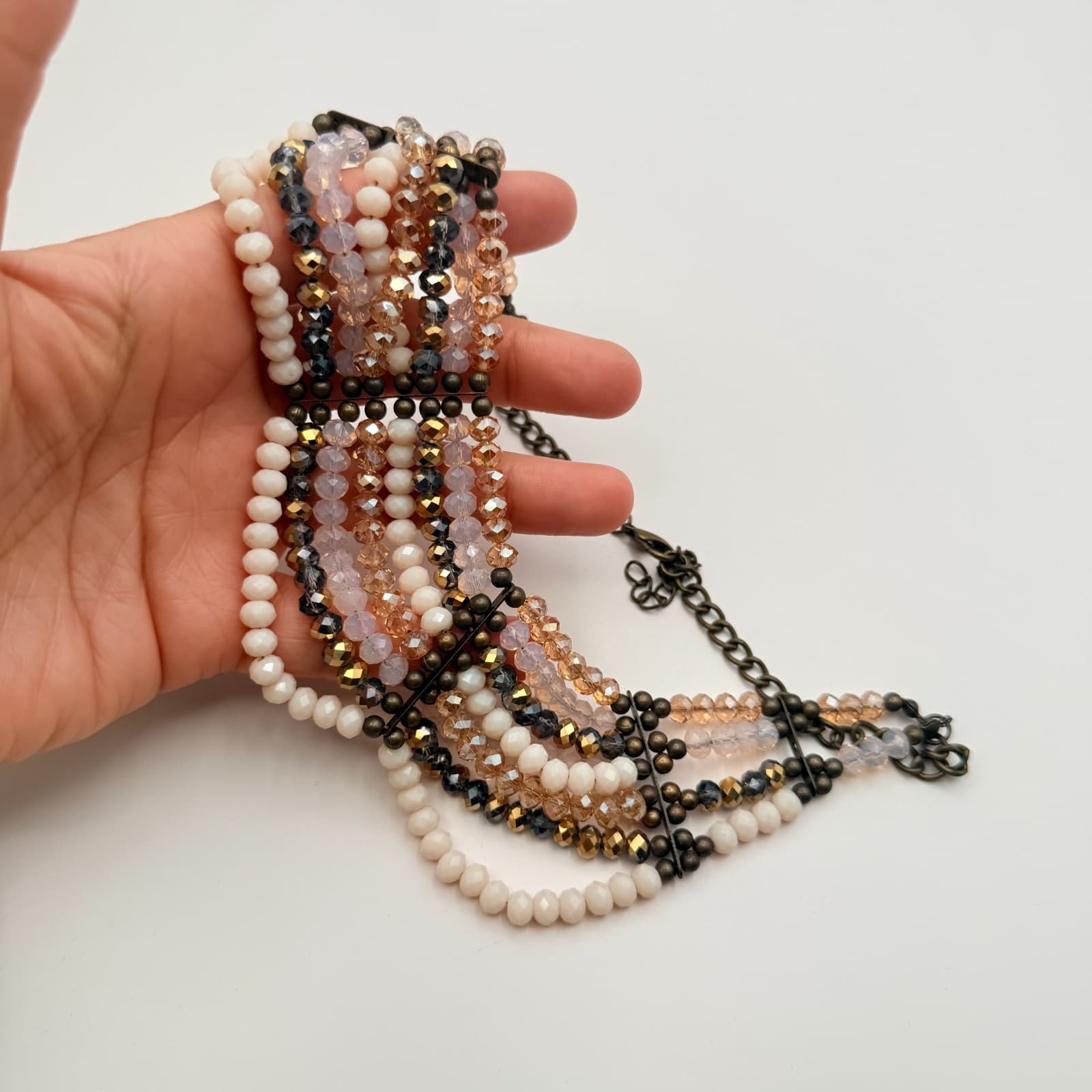 Vintage 90s Bib Necklace Earrings Set Pink Champagne Glass Beads Women's Jewelry - Thumbnail 13