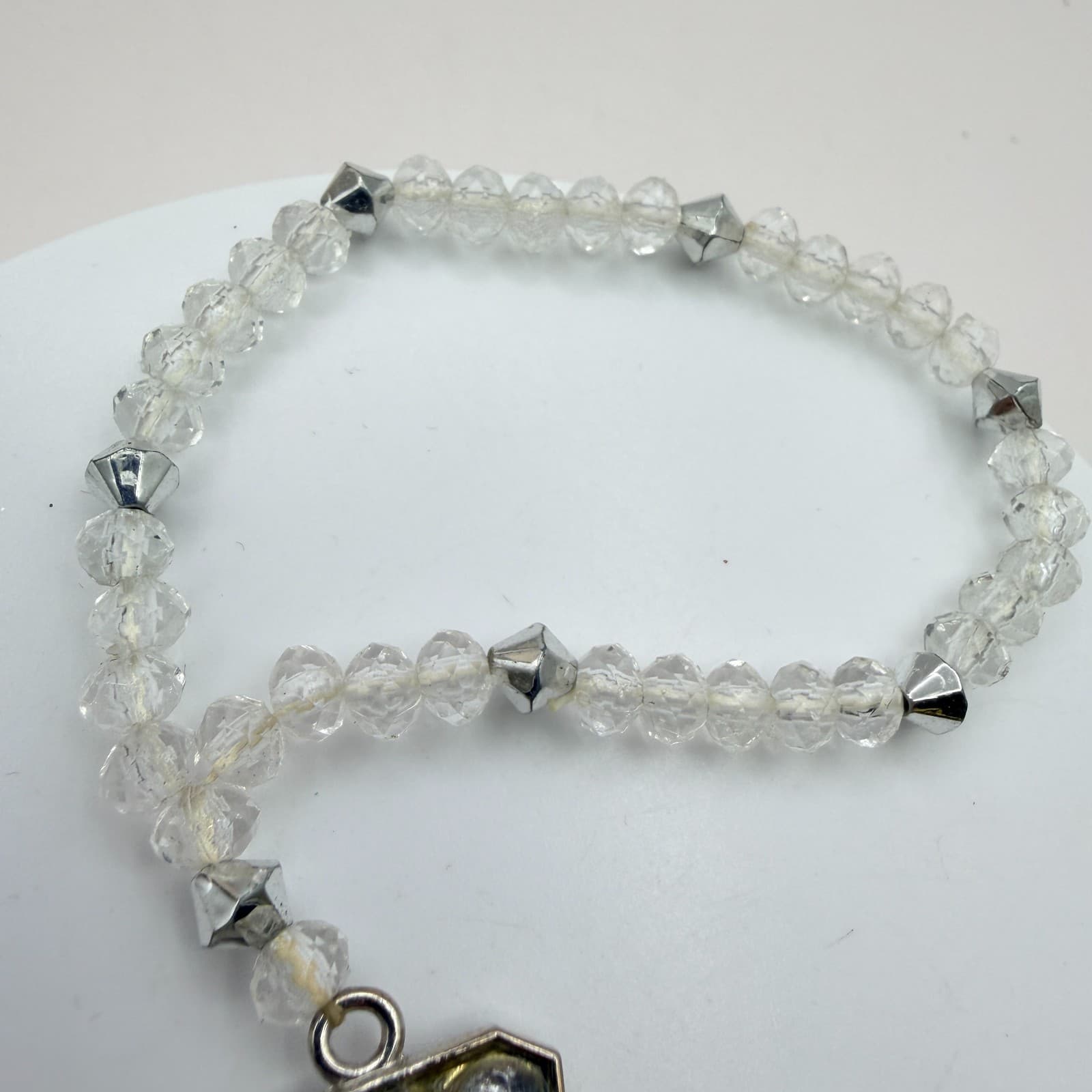 Vintage 80s Silver Tone Rhinestone Cross Charm bracelet Clear Beaded Jewelry - Thumbnail 5