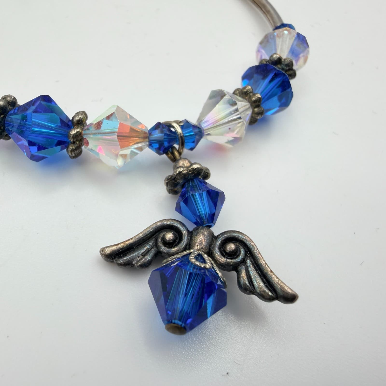 Vintage 80s Silver Tone Beaded Bracelet Sapphire Blue Charm Jewelry - Thumbnail 5