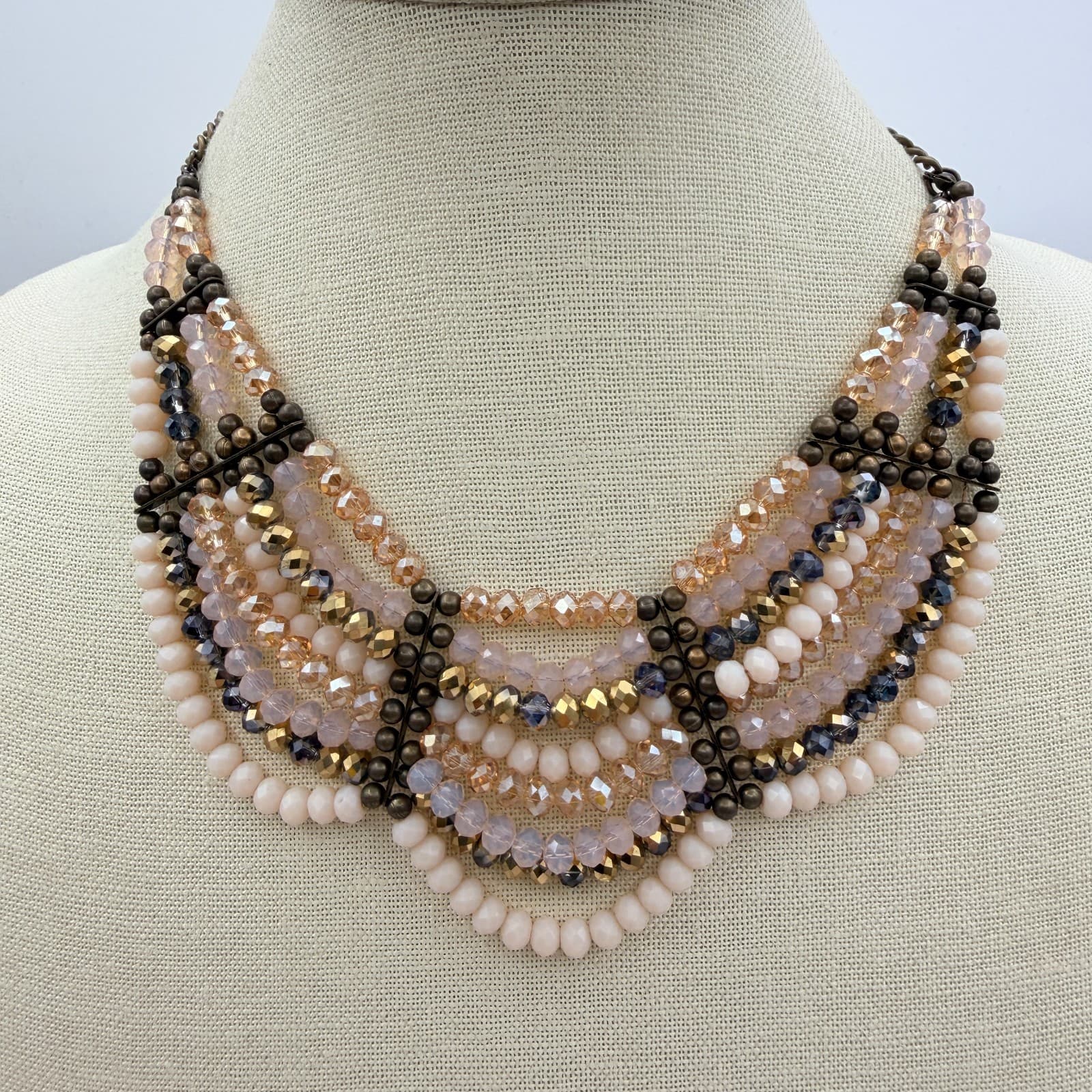 Vintage 90s Bib Necklace Earrings Set Pink Champagne Glass Beads Women's Jewelry - Thumbnail 2