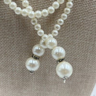 Vintage Long Faux Pearl Double Strand Lariat Necklace White Beaded Tassel Drop - Thumbnail 3