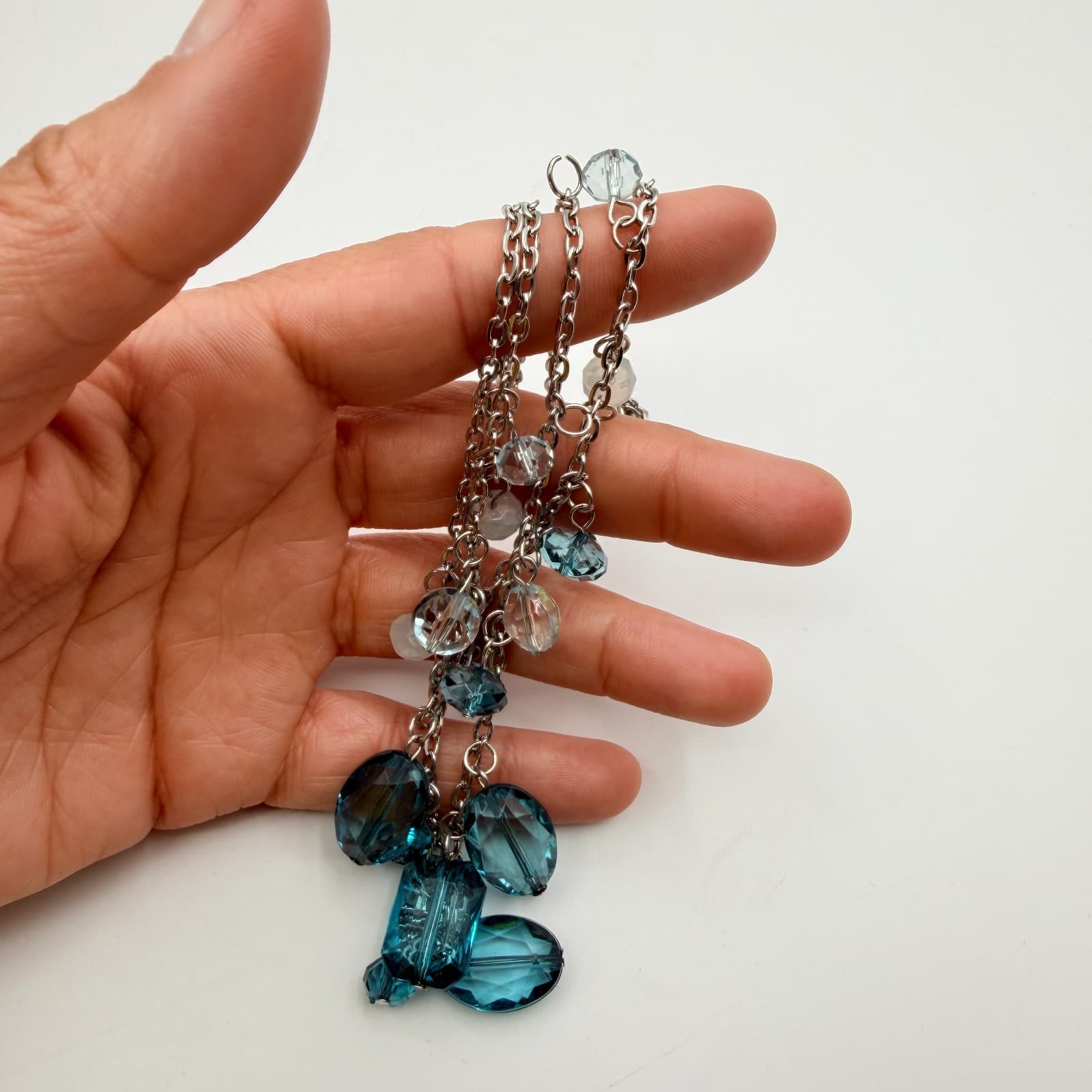 Vintage 90s Blue Glass Bead Double Strand Silver Tone Necklace Boho Fashion - Thumbnail 11